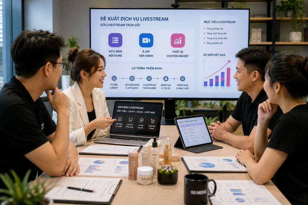 Đội ngũ Go Media trao đổi chiến lược livestream với doanh nghiệp trước khi triển khai.
