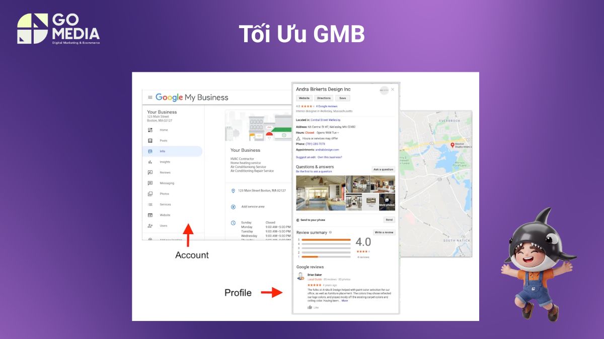 Minh họa cách tối ưu Google Business Profile bằng cách cập nhật ảnh, đăng Google Posts và phản hồi đánh giá để cải thiện thứ hạng trên Google Maps.