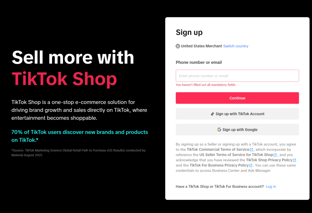 Người bán đăng ký tài khoản TikTok Shop Seller trên điện thoại.