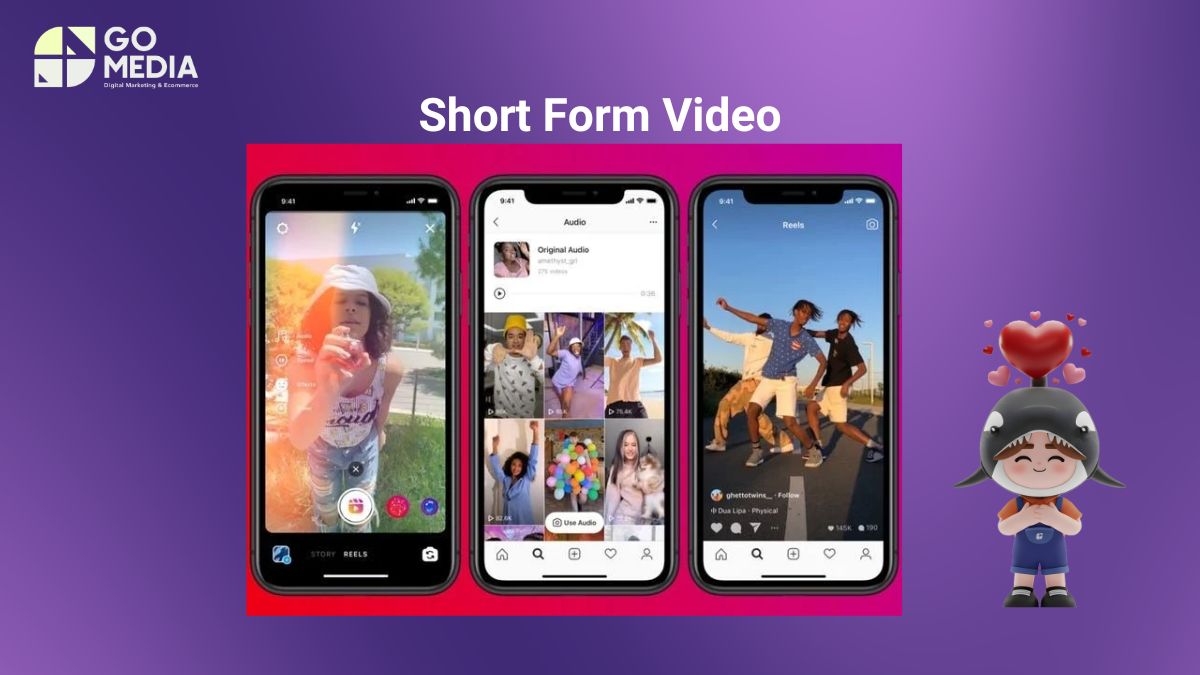 Minh họa xu hướng short form video với video dọc ngắn trên TikTok, Reels và YouTube Shorts, tối ưu cho hành vi xem nhanh trên điện thoại.