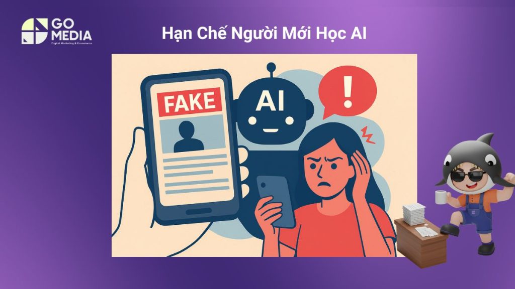 Minh họa những hạn chế người mới học AI cần lưu ý trước khi đăng ký khóa học, gồm nội dung chung chung và kiến thức cần cập nhật liên tục.